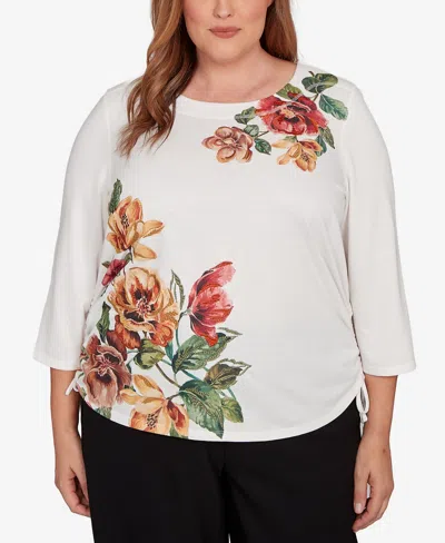 Alfred Dunner Plus Size Mount Laurel Asymmetric Floral Side Tie Top In White