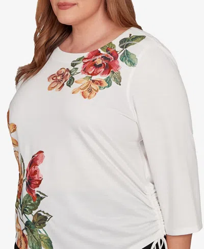 Alfred Dunner Plus Size Mount Laurel Asymmetric Floral Side Tie Top In White