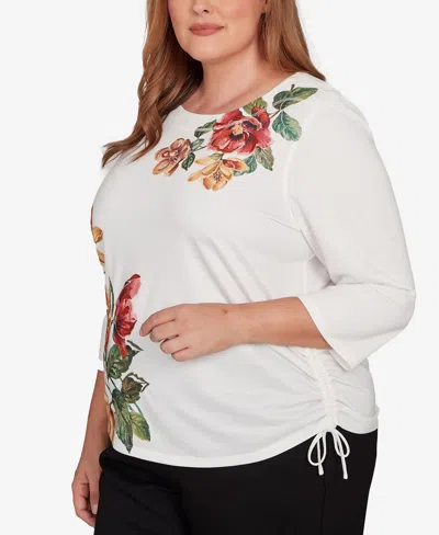 Alfred Dunner Plus Size Mount Laurel Asymmetric Floral Side Tie Top In White