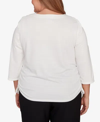 Alfred Dunner Plus Size Mount Laurel Asymmetric Floral Side Tie Top In White