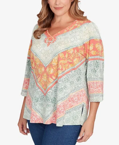 Ruby Rd. Plus Size Embellished Floral Knit Top In Blue