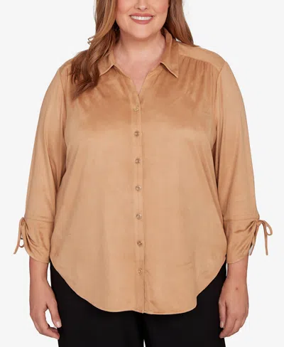 Alfred Dunner Plus Size Mount Laurel Button Front Top In Brown