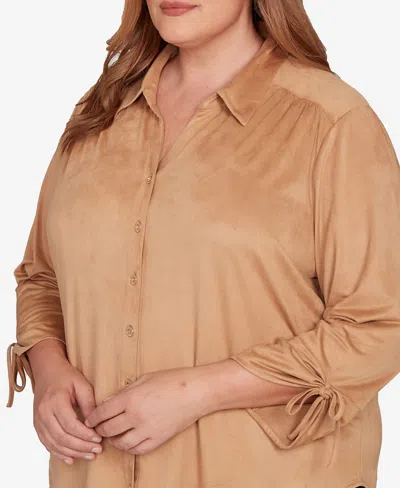 Alfred Dunner Plus Size Mount Laurel Button Front Top In Brown