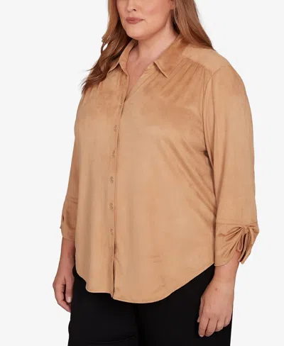 Alfred Dunner Plus Size Mount Laurel Button Front Top In Brown