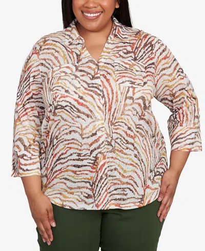 Alfred Dunner Plus Size Mount Laurel Animal Burnout Button Front Top In Multi