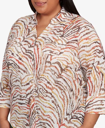 Alfred Dunner Plus Size Mount Laurel Animal Burnout Button Front Top In Multi