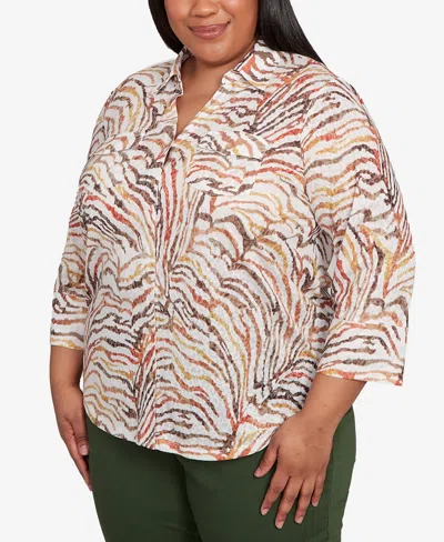 Alfred Dunner Plus Size Mount Laurel Animal Burnout Button Front Top In Multi