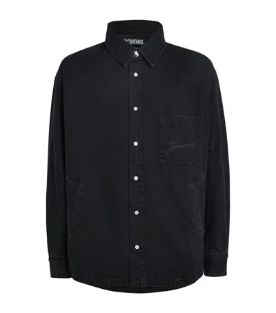 Jacquemus Virgin Wool Long-sleeve Shirt With Embroidered Logo In Black