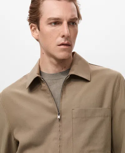 Mango Cotton Blend Zip Through Lightweight Jacket In Brown