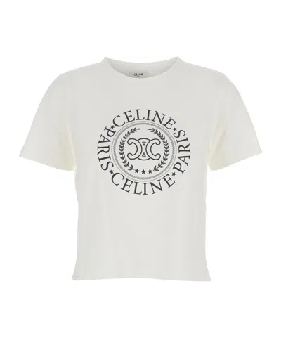 Celine Cotton T-shirt With Logo In Neutral