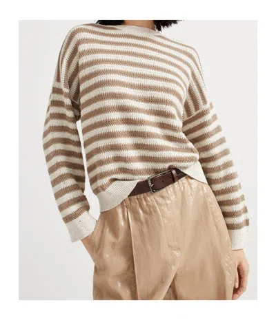 Brunello Cucinelli Sequin-embellished Striped Cotton-blend Sweater In Pattern
