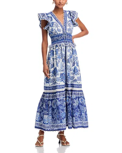 Farm Rio Shell Garden Cotton Ruffle Maxi Dress In Blue