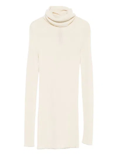Rick Owens Ribbed Wool Turtleneck Sweater With Seam Detail In Sand