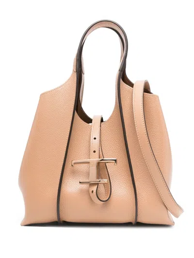 Tod's Grained Leather Shoulder Bag With Double Handles In Sand
