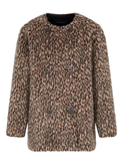 Emporio Armani Leopard Print Wool Blend Double Breasted Jacket In Brown