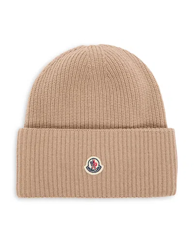Moncler Ribbed Knit Wool Beanie With Felt Logo Patch In Brown