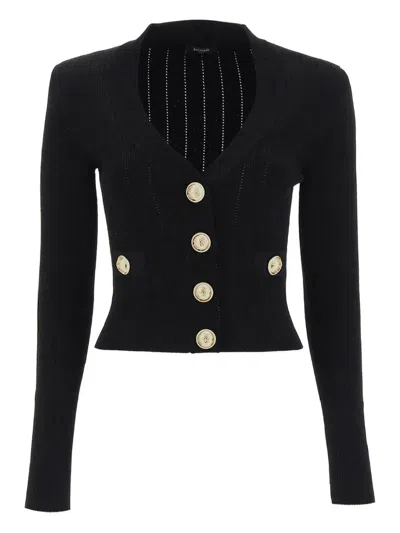 Balmain Black Fitted Cardigan With V Neckline And Jewel Buttons In Knit In Black