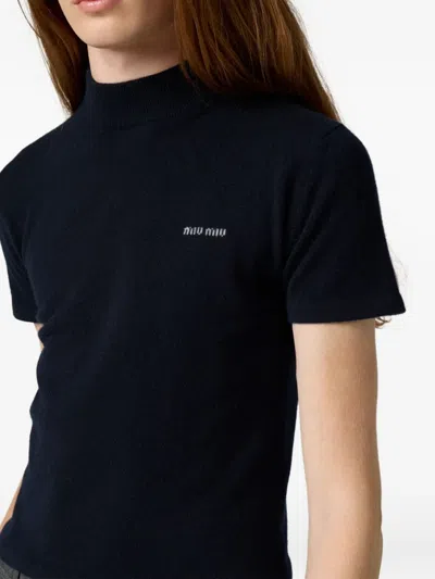 Miu Miu Cashmere Short-sleeve Sweater In Blue