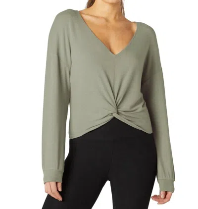 Beyond Yoga Twist Up Reversible Pullover Sweater In Grey Sage In Green