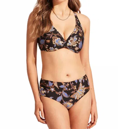 Seafolly Silk Road Wide Side Retro Bikini Bottom In Black In Multi