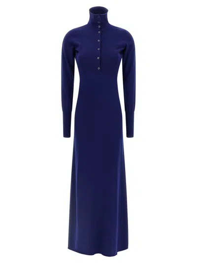 Tom Ford High Neck Buttoned Maxi Dress With Long Sleeves In Blue