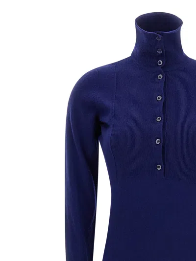 Tom Ford High Neck Buttoned Maxi Dress With Long Sleeves In Blue