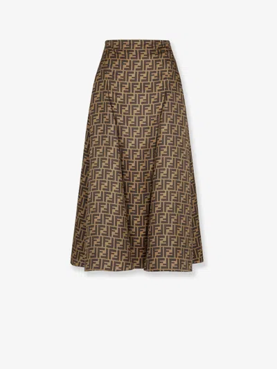 Fendi Women Embroidered Silk Skirt In Brown