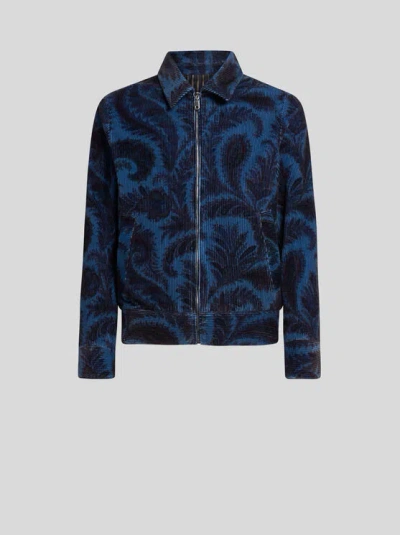 Etro Velvet Bomber Jacket With Print In Blue