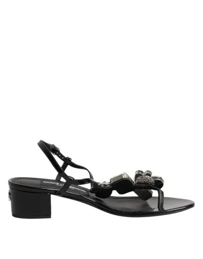 Dolce & Gabbana Black Leather Crystal Ankle Strap Sandals Shoes