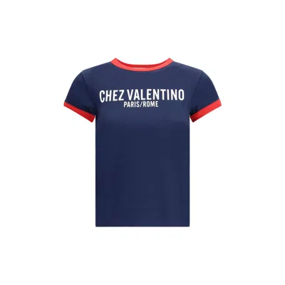 Valentino Crewneck Short Sleeves Contrast Trim Tops In Blue