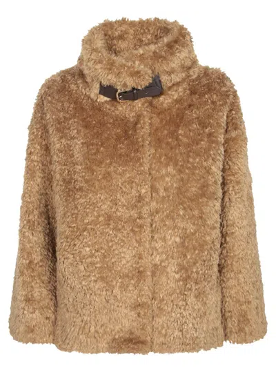 Herno Plush Faux Fur Jacket With High Collar And Buckle Closure In Brown