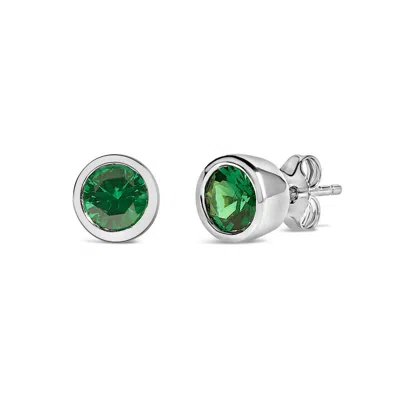 Haus Of Brilliance .925 Sterling Silver 6mm Bezel Set Created Gemstone Solitaire Stud Earrings In Green