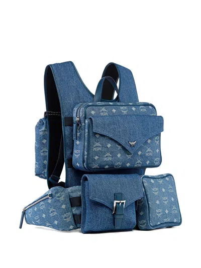 Mcm Large Aren Monogram-jacquard Denim Multi-backpack In Blue