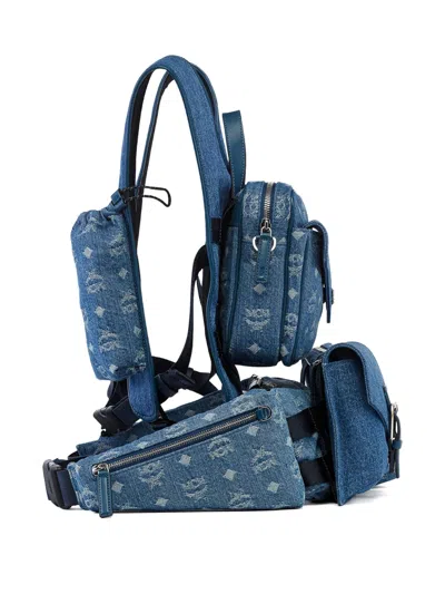 Mcm Large Aren Monogram-jacquard Denim Multi-backpack In Blue