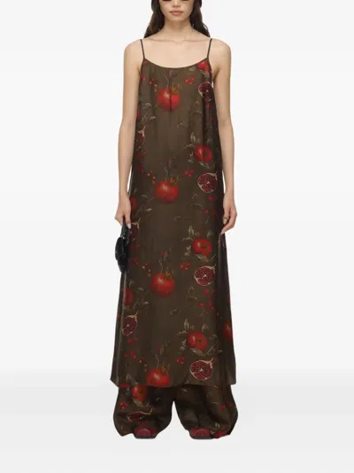 Uma Wang Wide-leg Pansy Pants With Contrasting Pomegranate Design In Brown