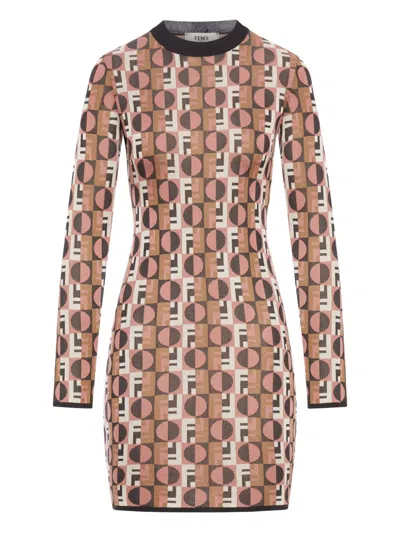 Fendi Optical Crew Neck Geometric Pattern Dress In Brown