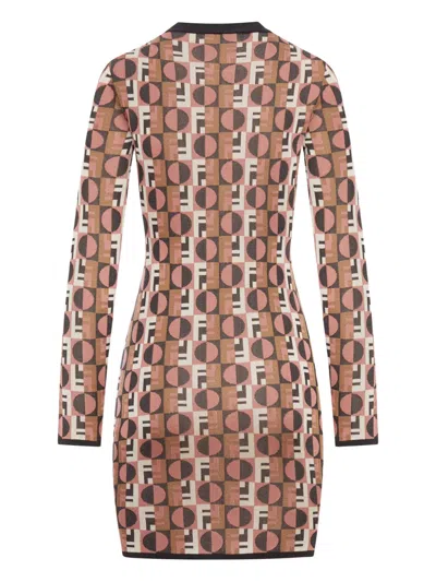 Fendi Optical Crew Neck Geometric Pattern Dress In Brown