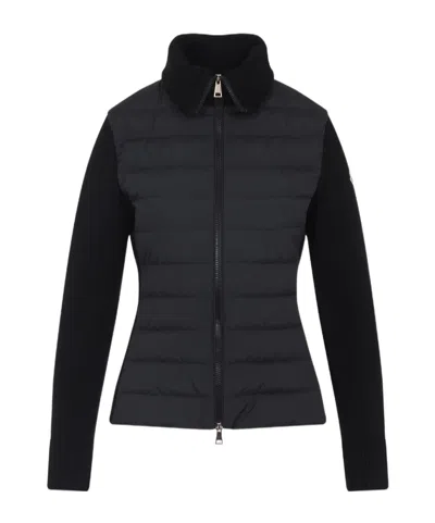Moncler Two-material Cardigan With Goose Down Padding And High Neck In Black