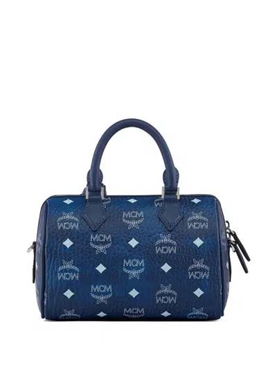 Mcm Small Ella Boston Visetos Monogram Tote Bag In Blue