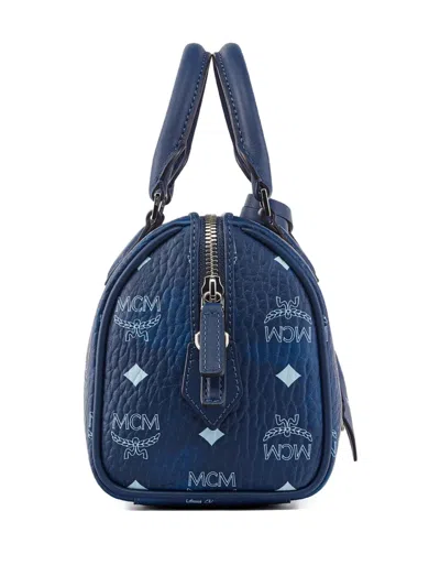 Mcm Small Ella Boston Visetos Monogram Tote Bag In Blue