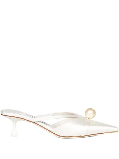 Jimmy Choo Satin Mules With Pearl Detail And Kitten Heel In Neutral