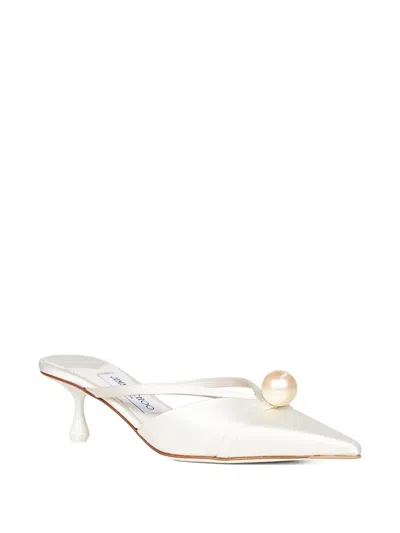 Jimmy Choo Satin Mules With Pearl Detail And Kitten Heel In Neutral