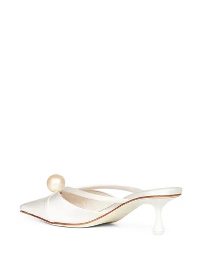 Jimmy Choo Satin Mules With Pearl Detail And Kitten Heel In Neutral
