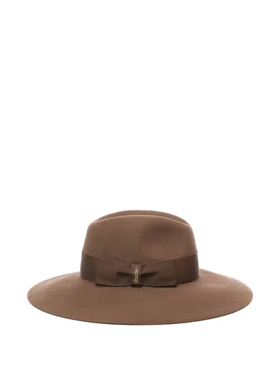 Borsalino Sophie Bow Ribbon Wide Brim Hat In Brown