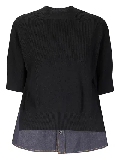 Sacai X Women's Nylon Twill X Knit Short-sleeve Pullover In Black