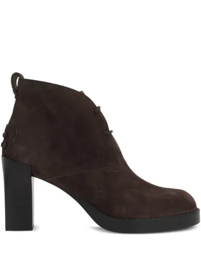 Tod's Brown Suede Ankle Boots With High Block Heel And Lace-up Front In Brown