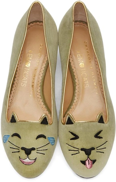 Shop Charlotte Olympia Green Velvet Lol Kitty Flats