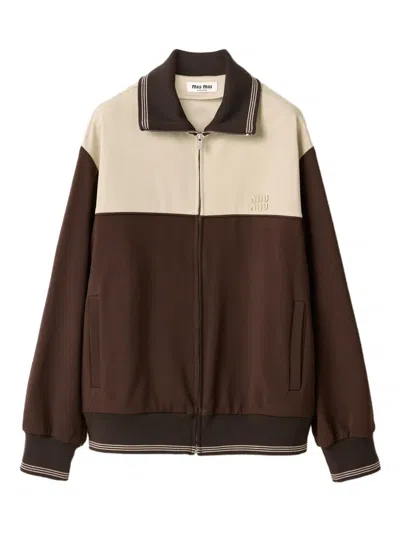 Miu Miu Knitted-cuffs Zip-front Sweatshirt In Brown