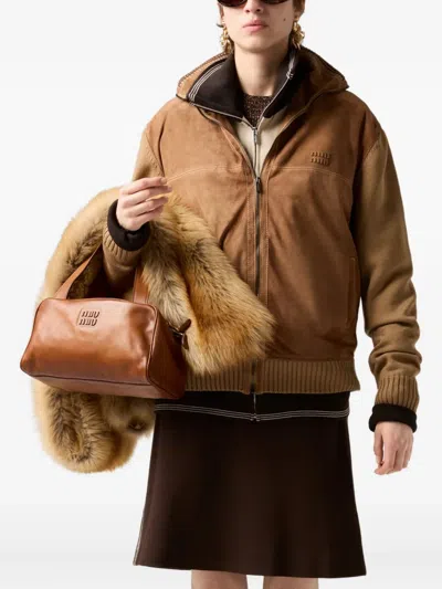 Miu Miu Knitted-cuffs Zip-front Sweatshirt In Brown