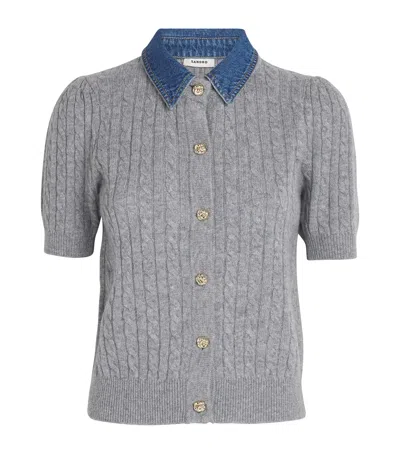 Sandro Womens Grey Denim-collar Short-sleeve Wool And Cashmere-blend Cardigan In Gray